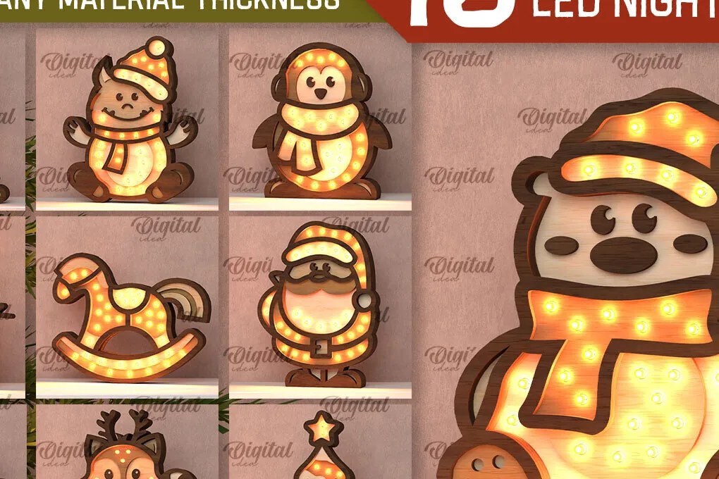 Σετ των 3 Intra απο ξύλο plywood 3mm-4mm πάχος Χριστουγεννιάτικο Led Nightlight  Δίασταση 15x15 cm INTRAFABR-107884014