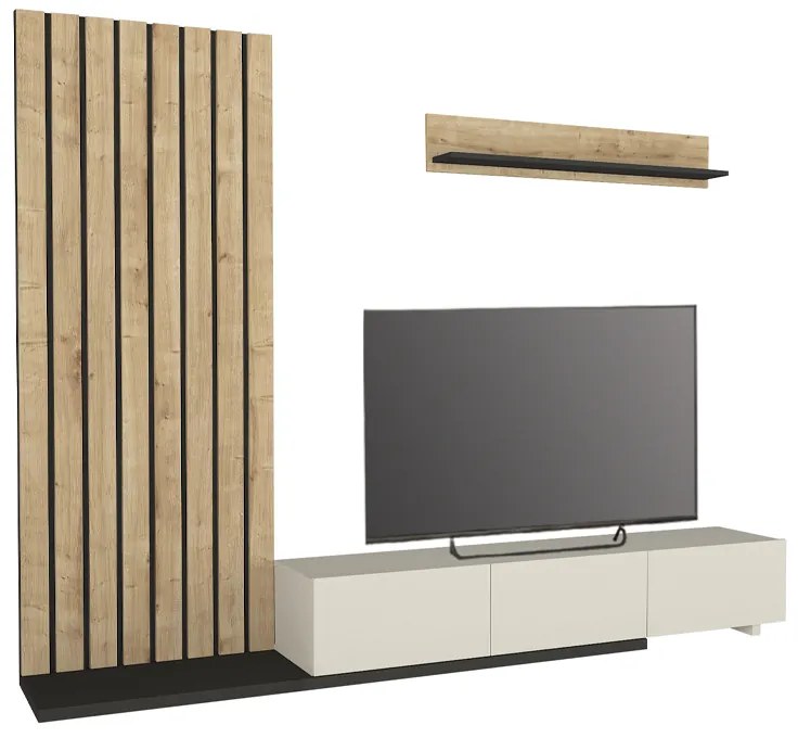Σύνθεση τηλεόρασης Nagini Megapap χρώμα ivory - sapphire oak - ανθρακί 260x39,4x203,6εκ.