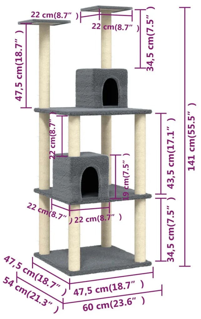Γατόδεντρο Σκούρο Γκρι 141 εκ. με Στύλους Ξυσίματος από Σιζάλ - Γκρι