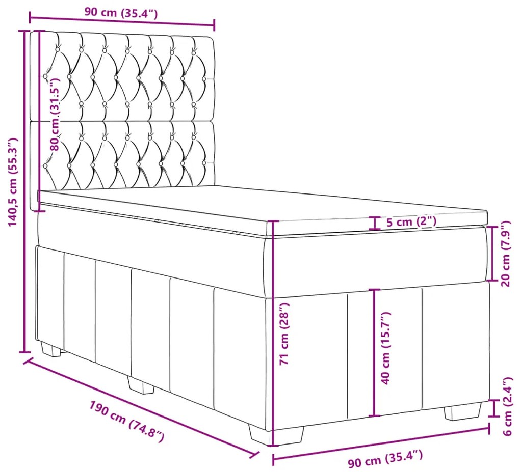 Κρεβάτι Boxspring με Στρώμα Μαύρο 90x190 εκ.Υφασμάτινο - Μαύρο