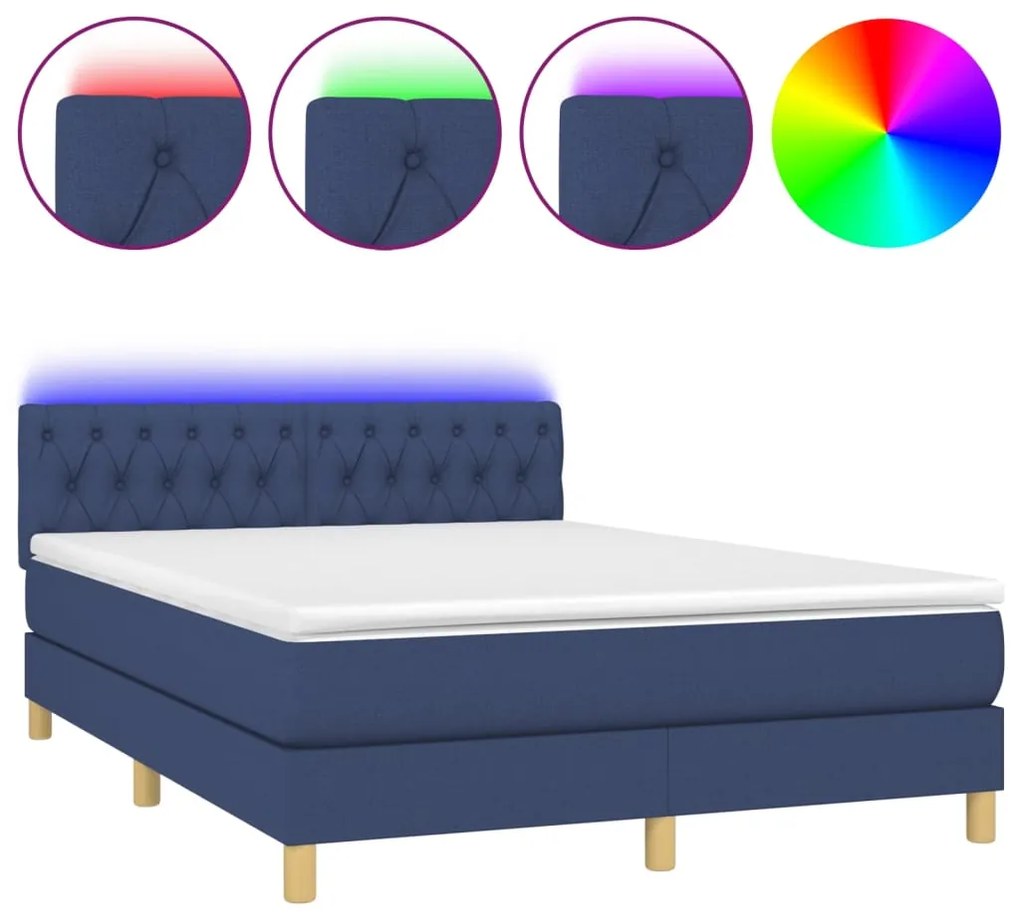 vidaXL Κρεβάτι Boxspring με Στρώμα & LED Μπλε 140x190 εκ. Υφασμάτινο