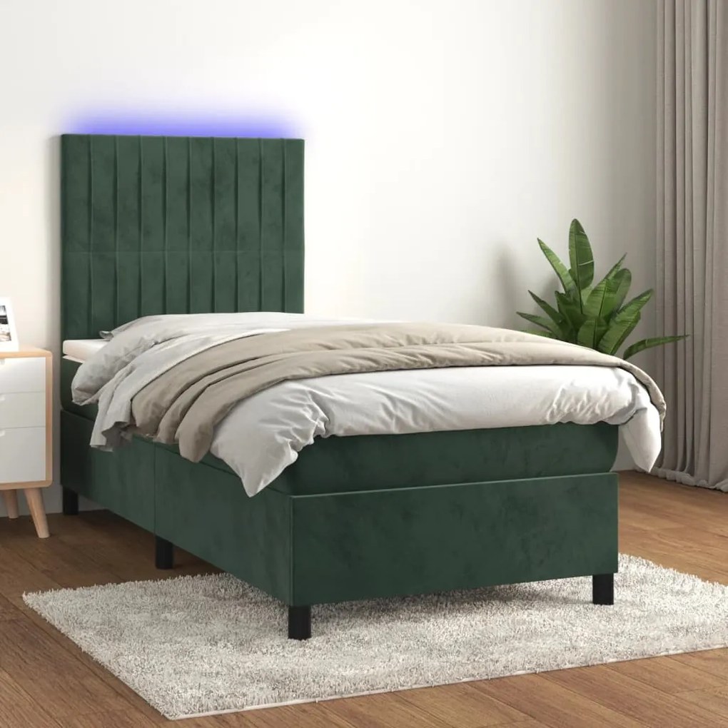 vidaXL Κρεβάτι Boxspring με Στρώμα &amp; LED Σκ. Πράσινο 90x190 εκ Βελούδο