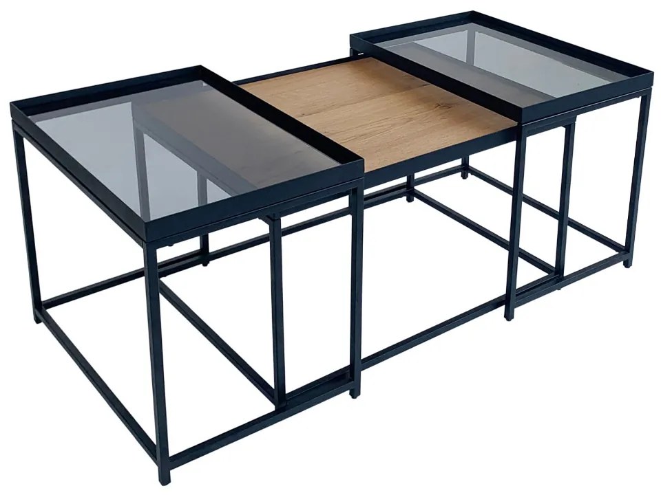 HARMONICA COFFEE TABLE SET 3ΤΕΜ ΦΥΣΙΚΟ ΦΙΜΕ ΜΑΥΡΟ 75-60x55-40xH44-49cm - 04-0972 - 04-0972