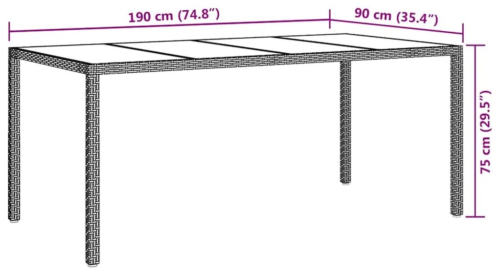 vidaXL Τραπέζι Κήπου για Φαγητό Καφέ 190 x 90 x 75 cm Πολυ ράταν