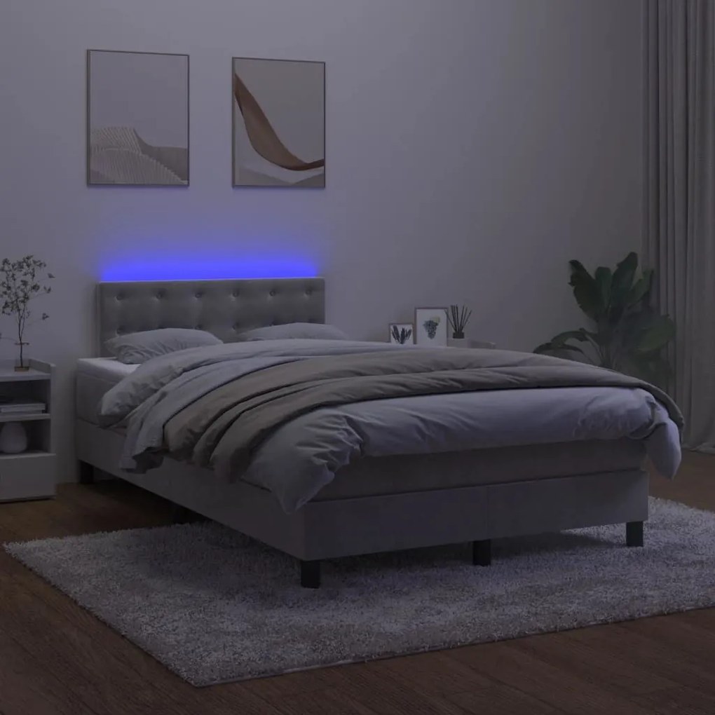 Κρεβάτι Boxspring με Στρώμα &amp; LED Αν.Γκρι 120x190εκ. Βελούδινο - Γκρι