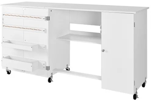 VEVOR Folding Sewing Table, Multipurpose Sewing Machine Table with Cabinet, Compact Design, Wheels, Wooden Pegs, Storage Trays and Shelf, Magnetic Door, Craft Station and Side Desk for Home, White
