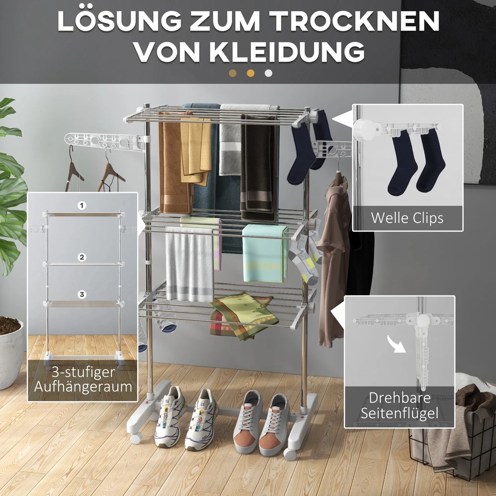 HOMCOM Κινητό Στεγνωτήριο Ρούχων, Στεγνωτήριο Ρούχων, 3 Επίπεδα, Πτυσσόμενο, Ασημί + Λευκό
