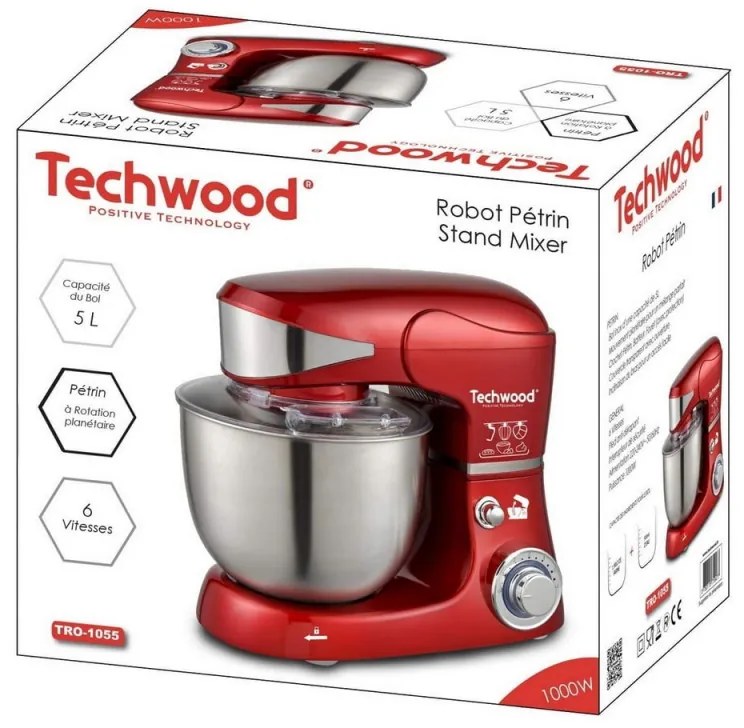 Κουζινομηχανή Techwood TRO-1055, 1000W, 5 lt, 6 ταχύτητες, 3 εξαρτήματα ανάδευσης, Κόκκινο/Inox