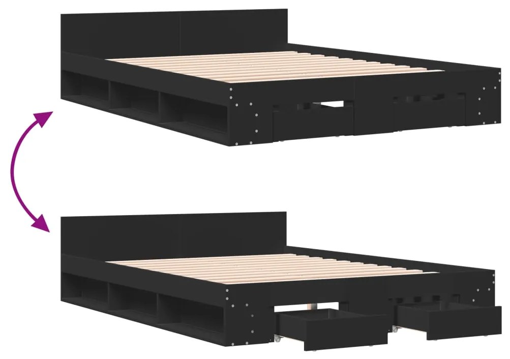 vidaXL Πλαίσιο Κρεβατιού με Συρτάρια Μαύρο 150 x 200 εκ. Επεξεργ. Ξύλο