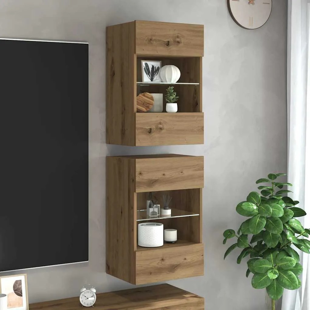 vidaXL Κρεμαστά ντουλάπια με φώτα LED για τηλεόραση 2 Τεμ. τεχνίτης Δρυς 40x30x60,5εκ.