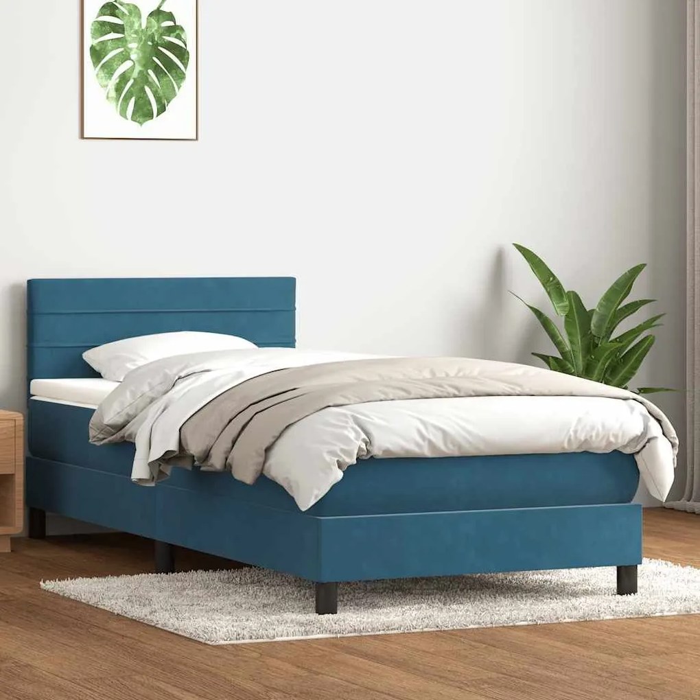 Κρεβάτι Boxspring με Στρώμα Σκούρο Μπλε 80x220 εκ. Βελούδινο - Μπλε