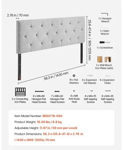 VEVOR Headboard for Full Size Bed with Adjustable Height Sponge &amp; Fabric Grey