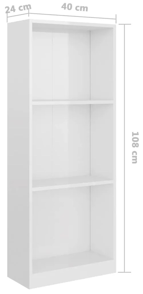Βιβλιοθήκη με 3 Ράφια Γυαλ. Λευκό 40x24x109 εκ. Επεξεργ. Ξύλο 800834