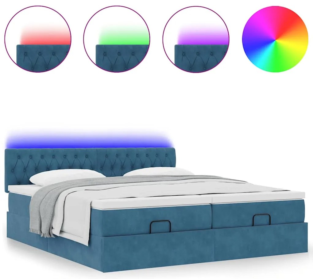 vidaXL Οθωμανικό κρεβάτι με στρώματα & LEDs Σκούρο μπλε Βελούδο