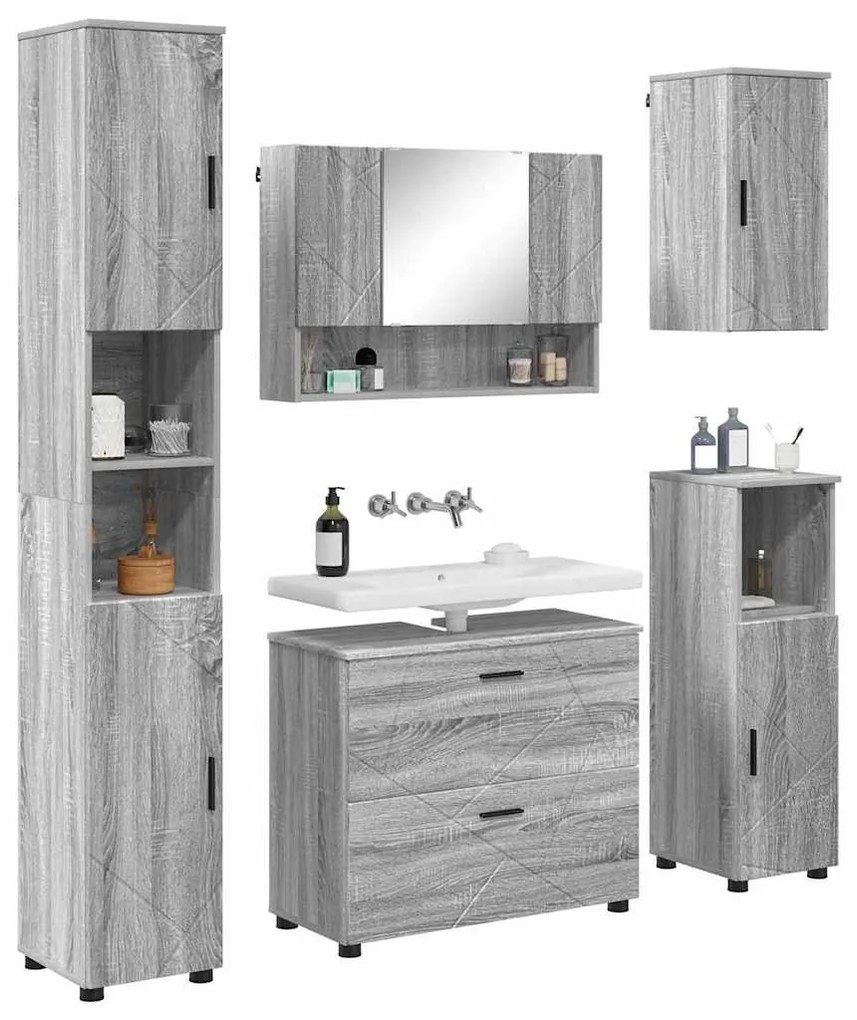 vidaXL Σετ Επίπλων Μπάνιου με ράφι 5 pcs Γκρι sonoma 30 x 35 x 192 εκ.