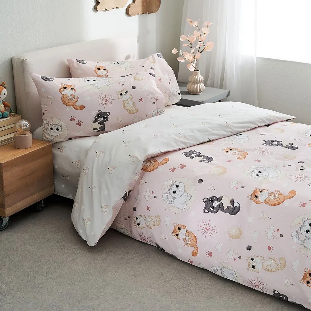 Σεντόνια Παιδικά Kitty Με Λάστιχο (Σετ 3τμχ) Pink Vesta Home Μονό 100x225cm 100% Βαμβάκι