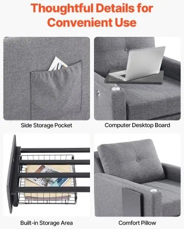 VEVOR Sleeper Sofa Bed with Side Pocket Pillow Desk Board 5 Adjustable Backrest