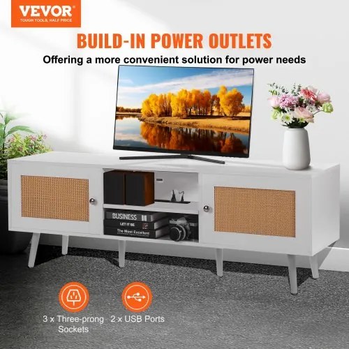VEVOR Rattan TV Stand for 65&quot; TV Boho TV Stand with Build-in Socket White