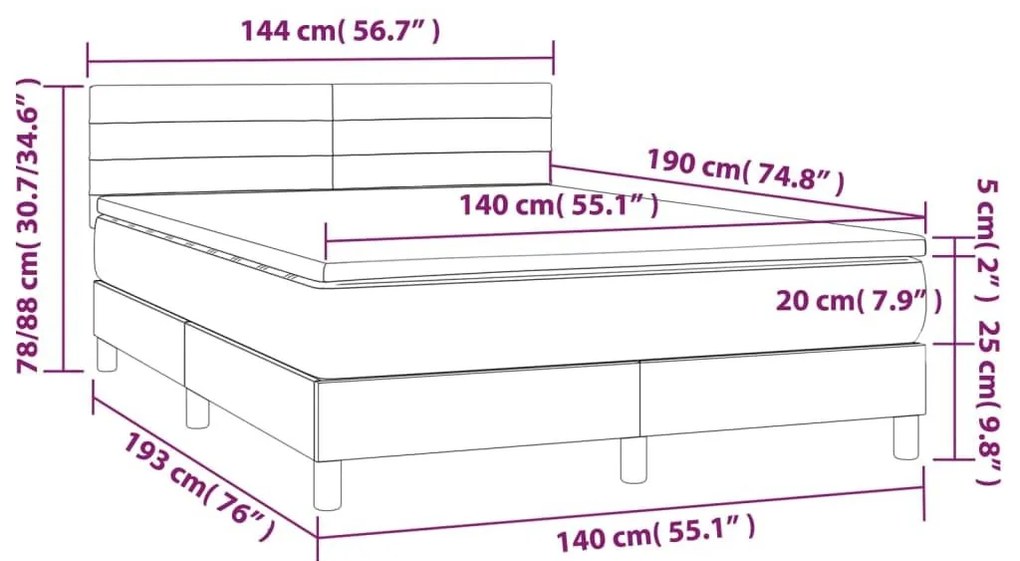 Κρεβάτι Boxspring με Στρώμα &amp; LED Σκ.Γκρι 140x190 εκ Υφασμάτινο - Γκρι