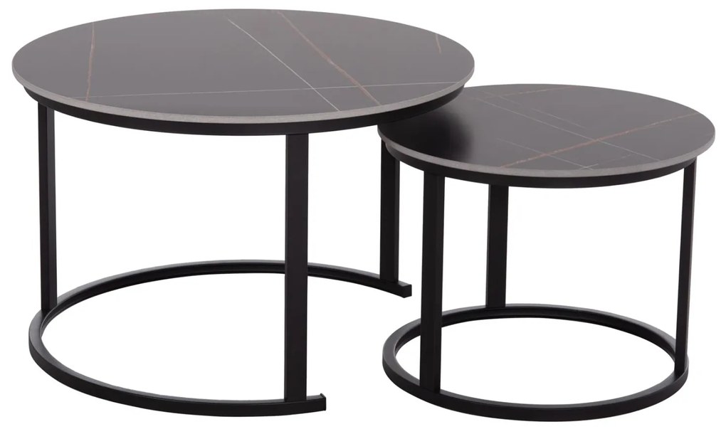 Τραπεζάκια σαλονιού TALOS Σετ 2 τμχ. Κεραμικό TOP με Όψη Μαύρου Μαρμάρου Φ70 + Φ50εκ. 70x70x45.5 εκ.
