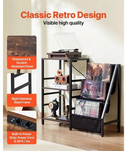 VEVOR 3 Tiers Record Player with LED Light &amp; USB Ports Metal Vinyl Shelf Black