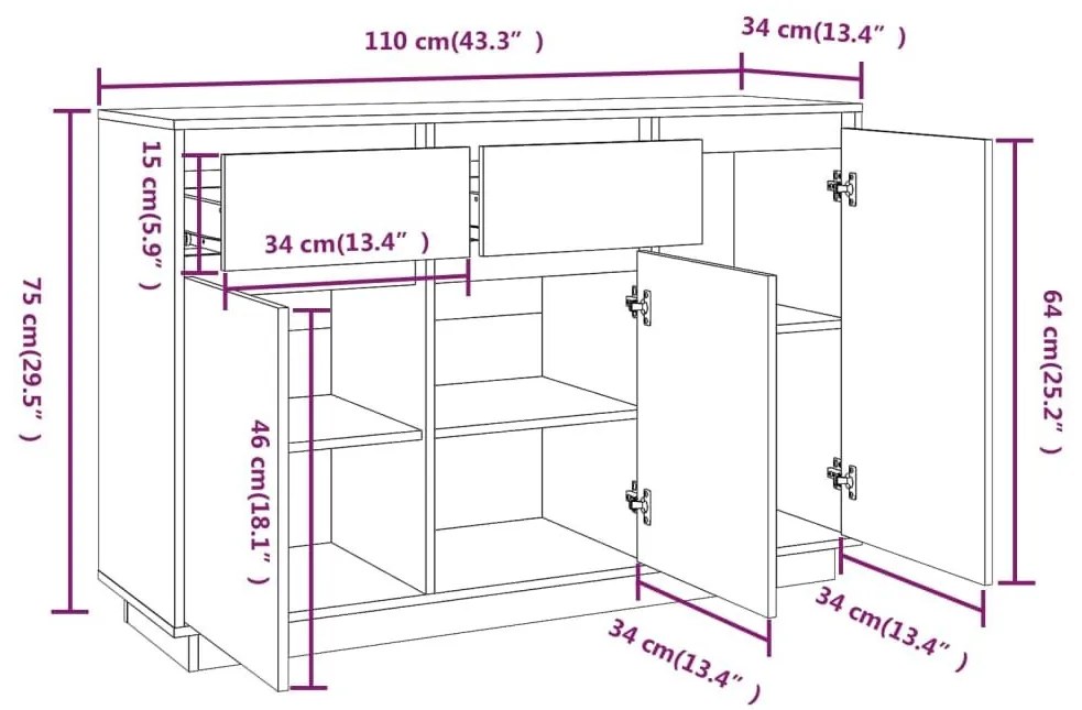 Μπουφές Λευκός 110 x 34 x 75 εκ. από Μασίφ Ξύλο Πεύκου - Λευκό