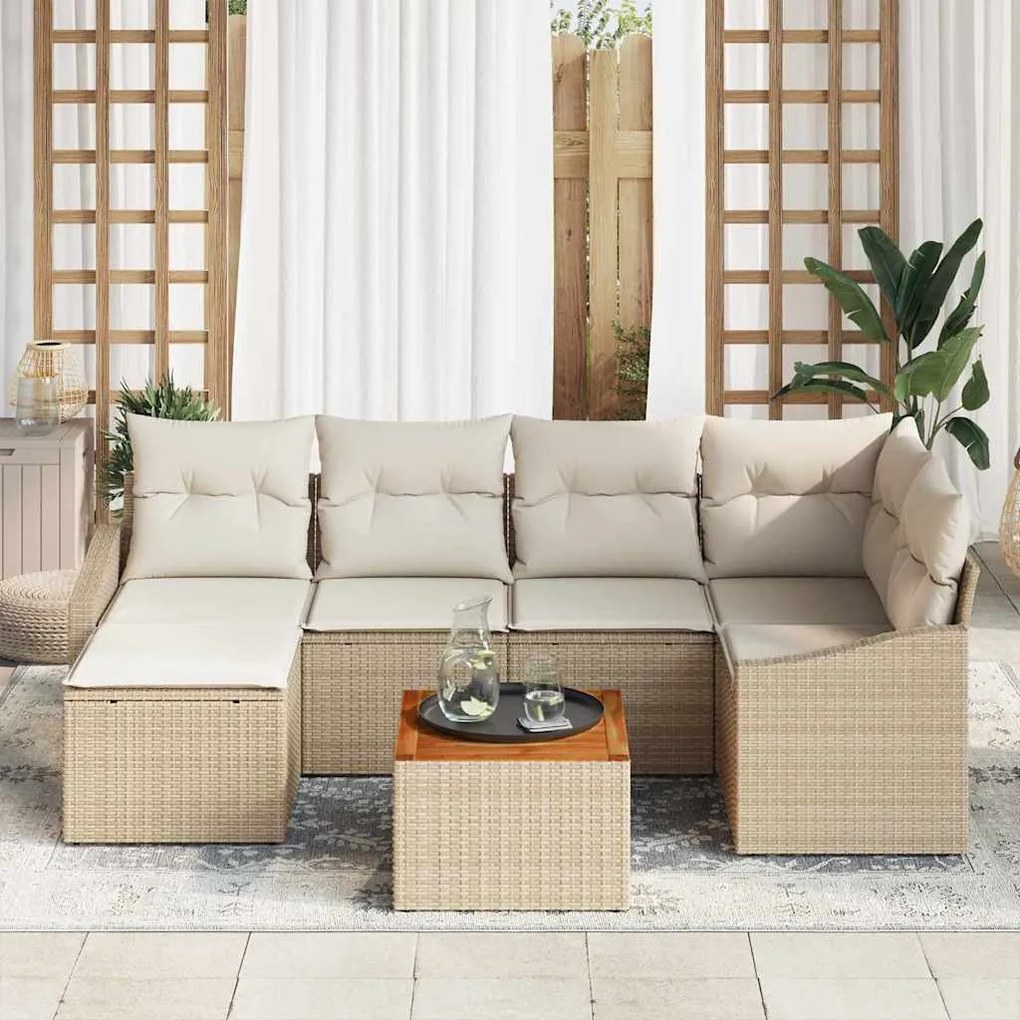 vidaXL Σετ Καναπέ Κήπου με μαξιλάρι 7 pcs Μπεζ Πολυ ράταν