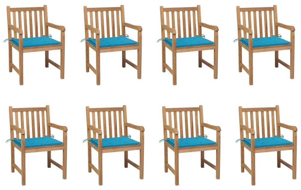 Καρέκλες Κήπου 8 Τεμαχίων από Μασίφ Ξύλο Teak με Μπλε Μαξιλάρια