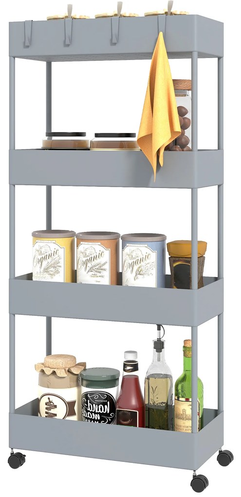 HOMCOM Τροχήλατο καρότσι κουζίνας με 4 ράφια, 4 εύκαμπτους γάντζους, 4 τροχούς, 40 cm x 19 cm x 90 cm, καρότσι για στενούς χώρους, Γκρι