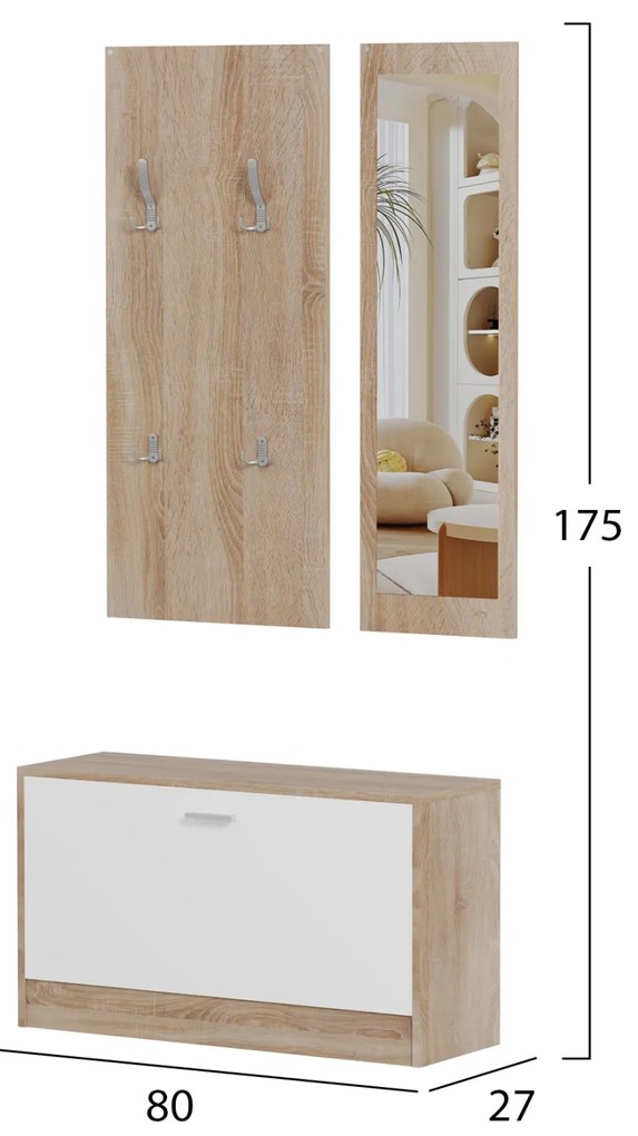 ΣΕΤ ΕΙΣΟΔΟΥ ΜΕ ΚΑΘΡΕΠΤΗ VERN HM2476.04 ΜΕΛΑΜΙΝΗ ΣΕ ΣΟΝΑΜΑ-ΛΕΥΚΟ 80x27x175Υεκ