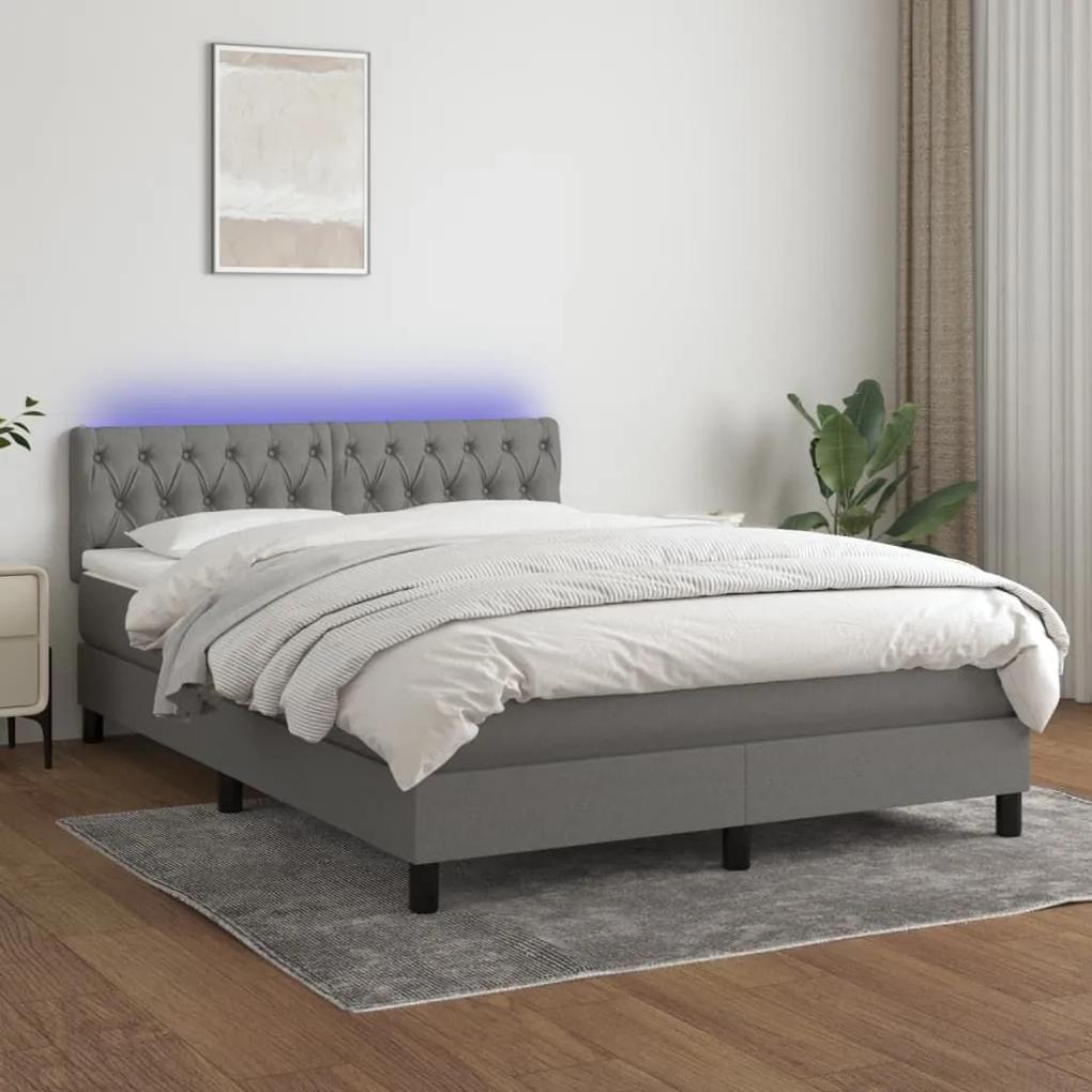 Κρεβάτι Boxspring με Στρώμα &amp; LED Σκ.Γκρι 140x190 εκ Υφασμάτινο - Γκρι