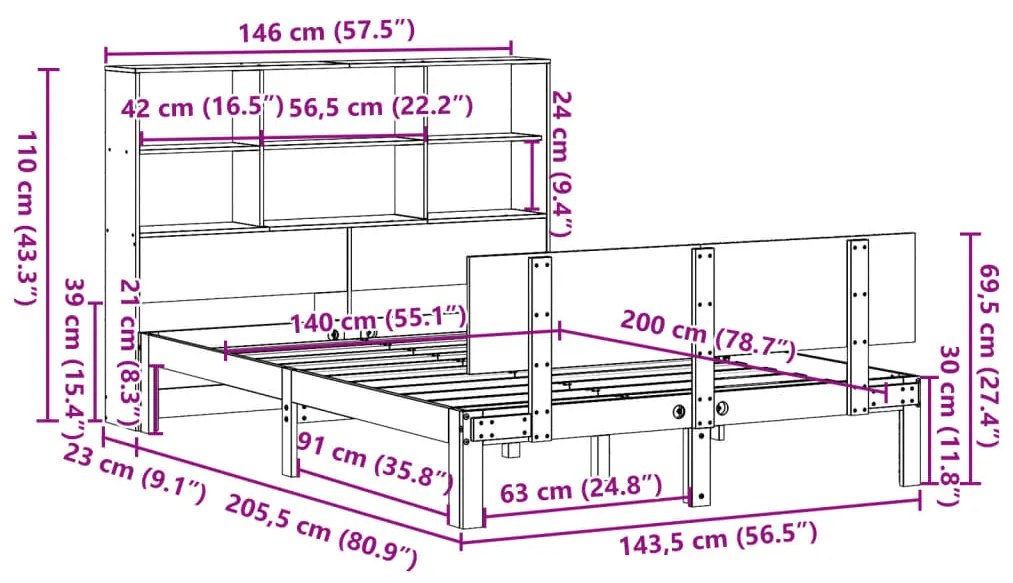 Κρεβάτι Βιβλιοθήκη Χωρίς Στρώμα 140x200 εκ Μασίφ Ξύλο Πεύκο - Καφέ