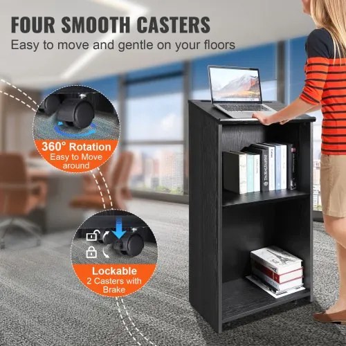 VEVOR Podium Stand, 47 in Hostess Stand with 4 Rolling Wheels, Wood Podium with Storage Shelves, and Slant Desktop, Lecterns &amp; Podiums for Church, Office, School, Home, Black