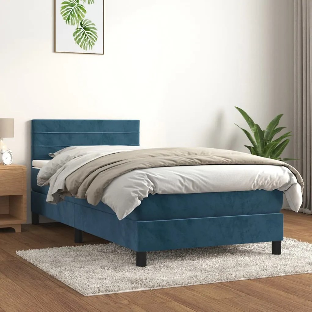 Κρεβάτι Boxspring με Στρώμα Σκούρο Μπλε 90x200 εκ. Βελούδινο