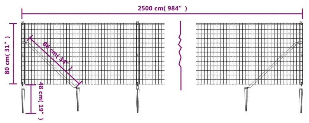 vidaXL Συρματόπλεγμα Περίφραξης Ανθρακί 0,8 x 25 μ. με Καρφωτές Βάσεις