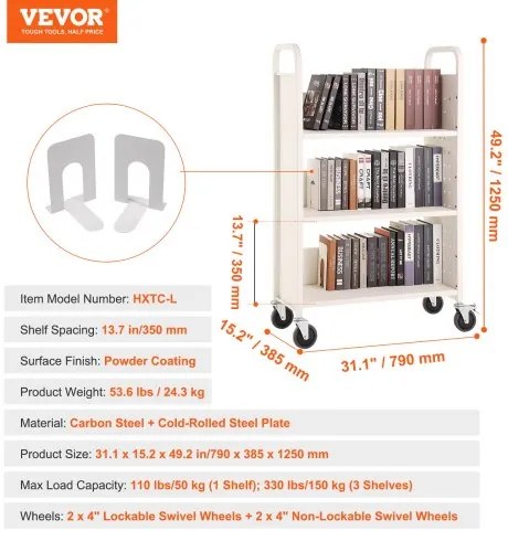 VEVOR Book Cart, 330 lbs Library Cart, 31.1&quot; x 15.2&quot; x 49.2&quot; Rolling Book Cart, Single Sided L-Shaped Flat Shelves with 4-Inch Lockable Wheels for Home Shelves Office and School, Book Truck in White