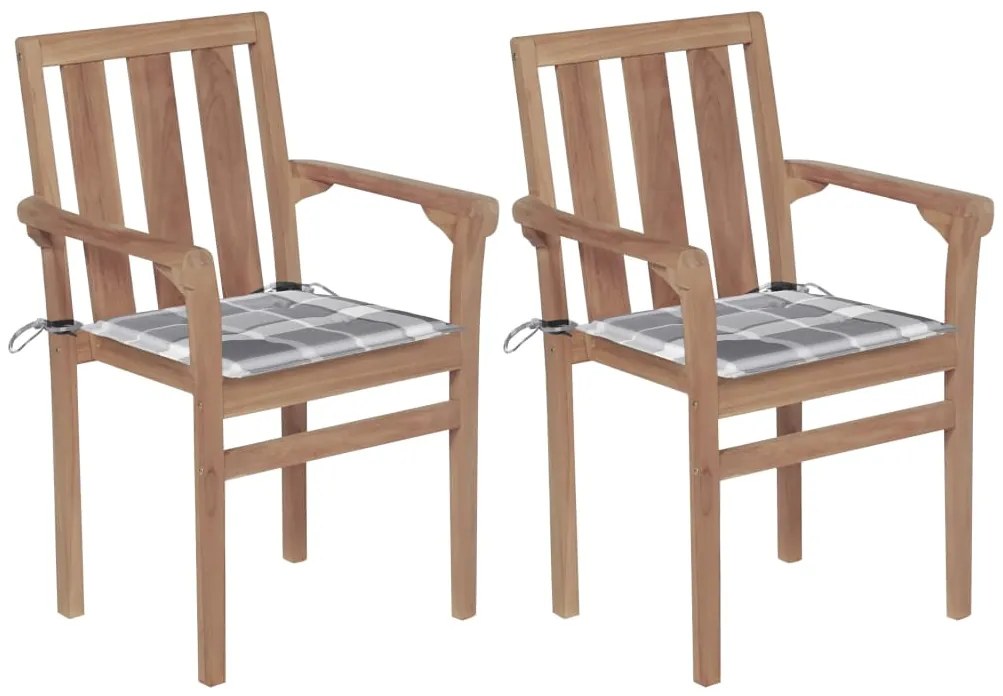 Καρέκλες Κήπου 2 τεμ. από Μασίφ Ξύλο Teak & Γκρι Καρό Μαξιλάρια