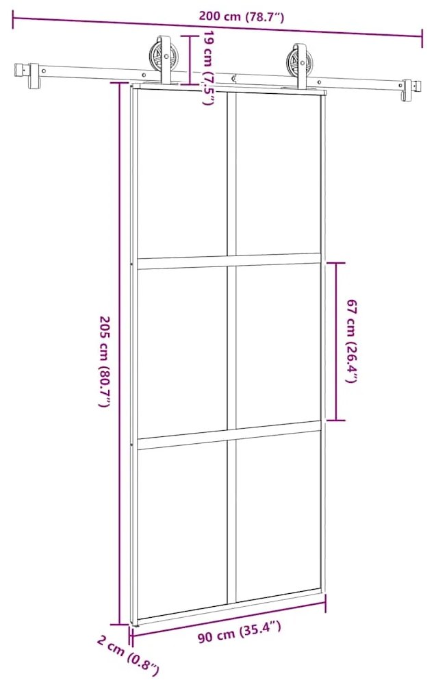 Συρόμενη πόρτα με σετ υλικού 90x205 cm από γυαλί&amp;Αλουμίνιο - Μαύρο