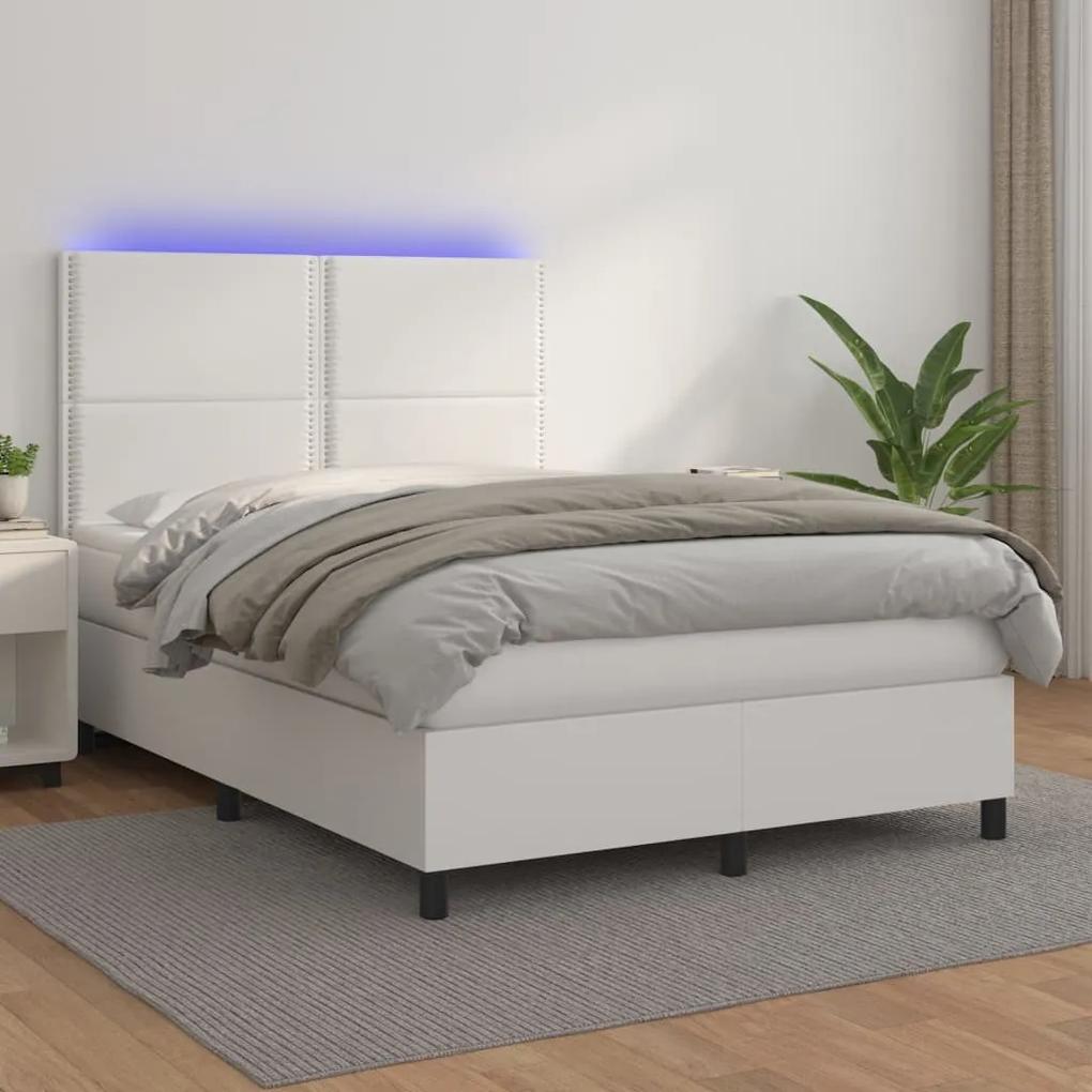 Κρεβάτι Boxspring με Στρώμα &amp; LED Λευκό 140x190 εκ. Συνθ. Δέρμα
