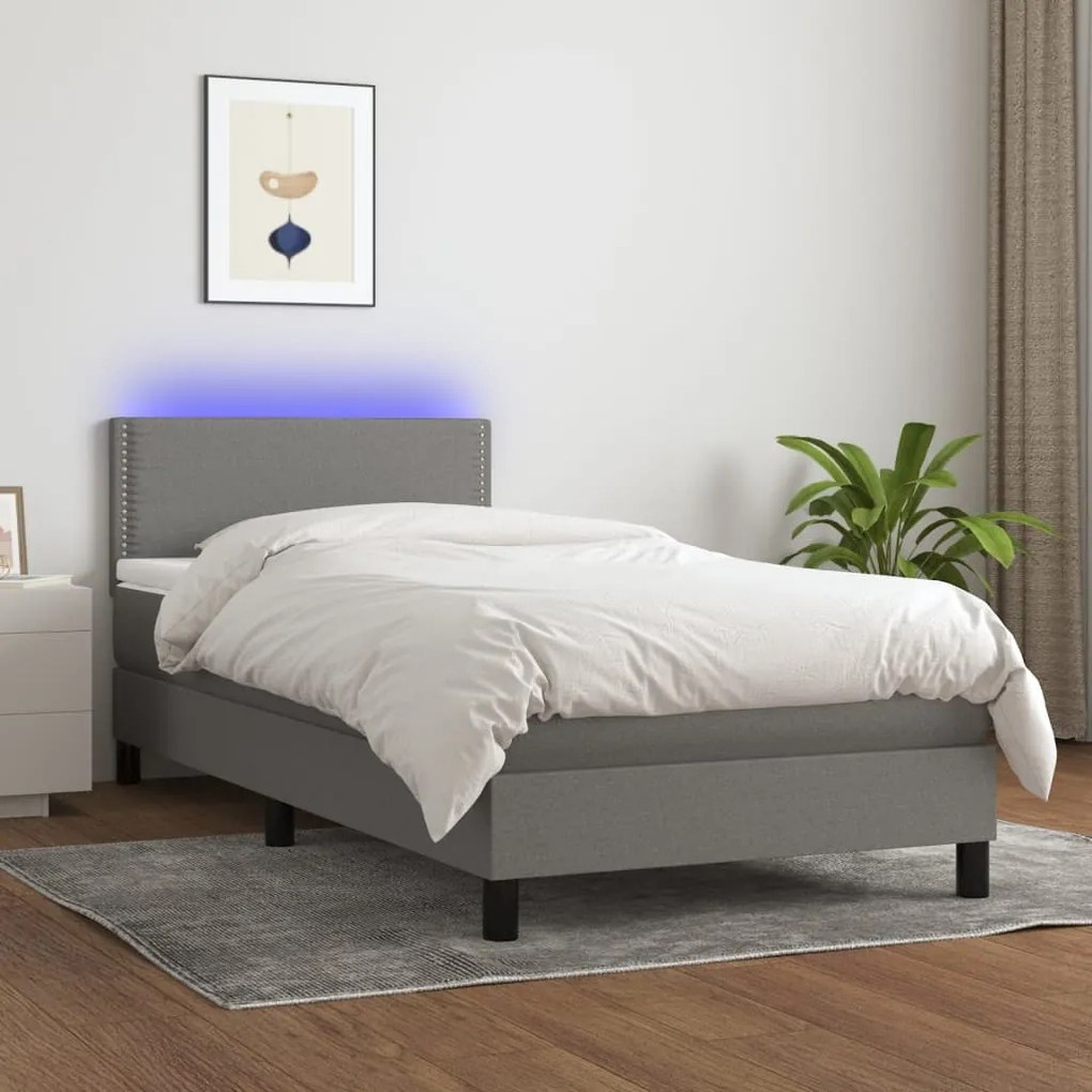 Κρεβάτι Boxspring με Στρώμα &amp; LED Σκ.Γκρι 90x190 εκ. Υφασμάτινο - Γκρι