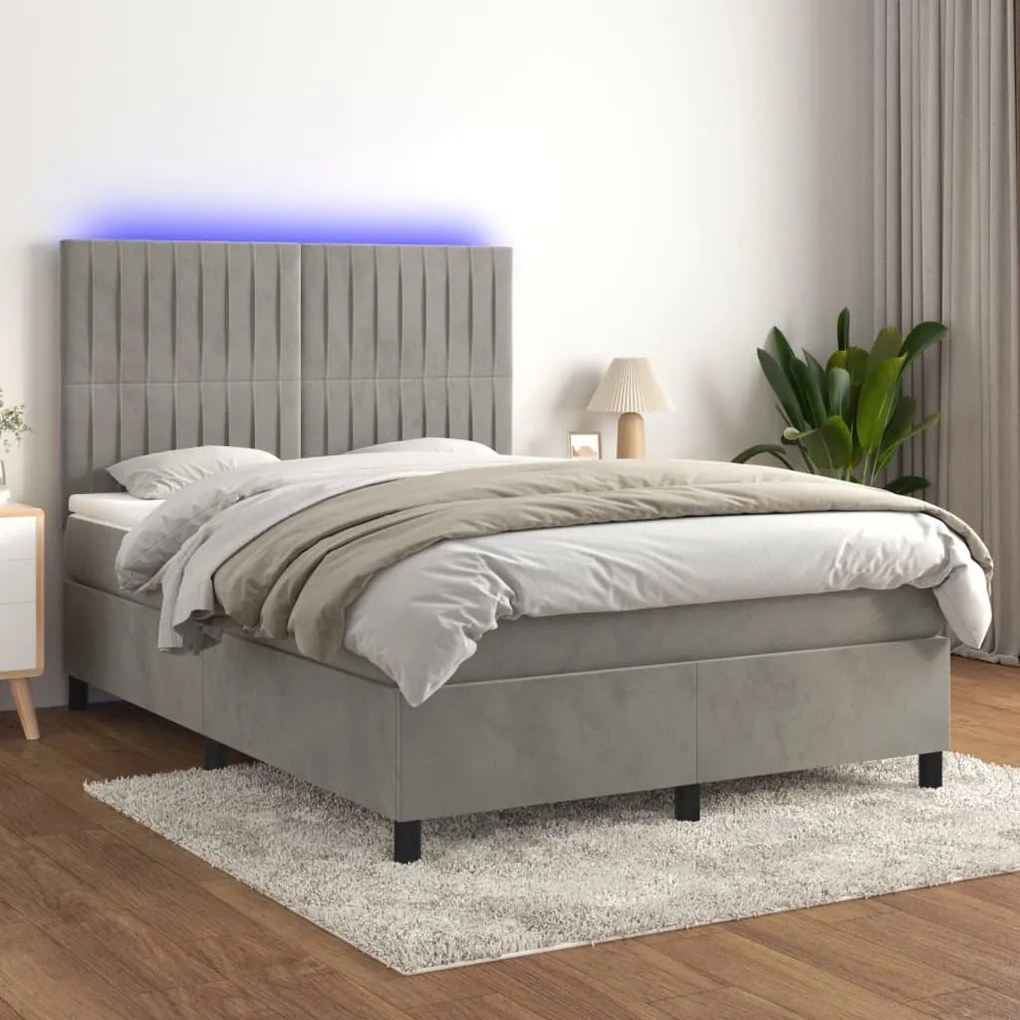 Κρεβάτι Boxspring με Στρώμα&amp;LED Αν. Γκρι 140x190 εκ. Βελούδινο