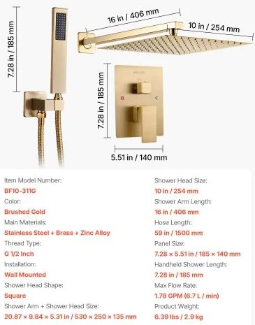 VEVOR Shower Faucet Set 10&quot; Square Rain Shower Head and Hand Set Brushed Gold