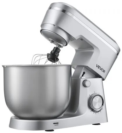 VEVOR Stand Mixer, 5.7 L Electric Kitchen Mixer, 1500W Dough-Mixer, 10 Speeds Tilt-head Food-Mixer with Stainless Steel Bowl, Dough Hook, Whisk, Beater, for Baking, Mixing, Whipping & Kneading, Silver