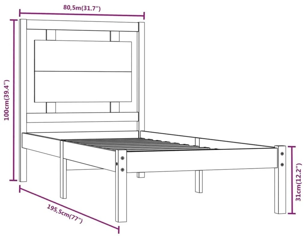 Πλαίσιο Κρεβατιού 75 x 190 εκ. από Μασίφ Ξύλο Small Single - Καφέ