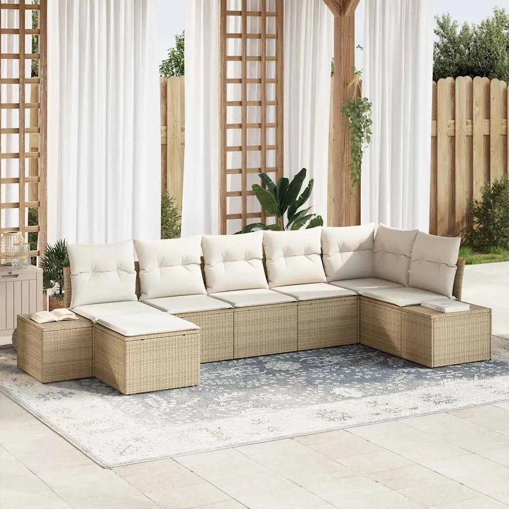 vidaXL Σετ Καναπέ Κήπου με μαξιλάρι 7 pcs Μπεζ Πολυ ράταν