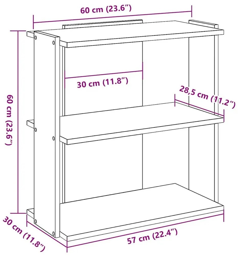 Βιβλιοθήκη 3 επιπέδων Μπετόν Γκρι 60x30x60 cm Ξύλινη κατασκευή - Γκρι