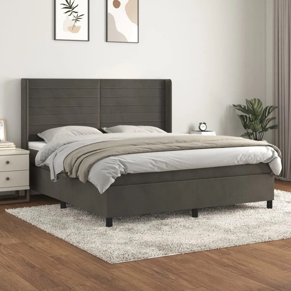 vidaXL Κρεβάτι Boxspring με Στρώμα Σκούρο Γκρι 180x200 εκ. Βελούδινο