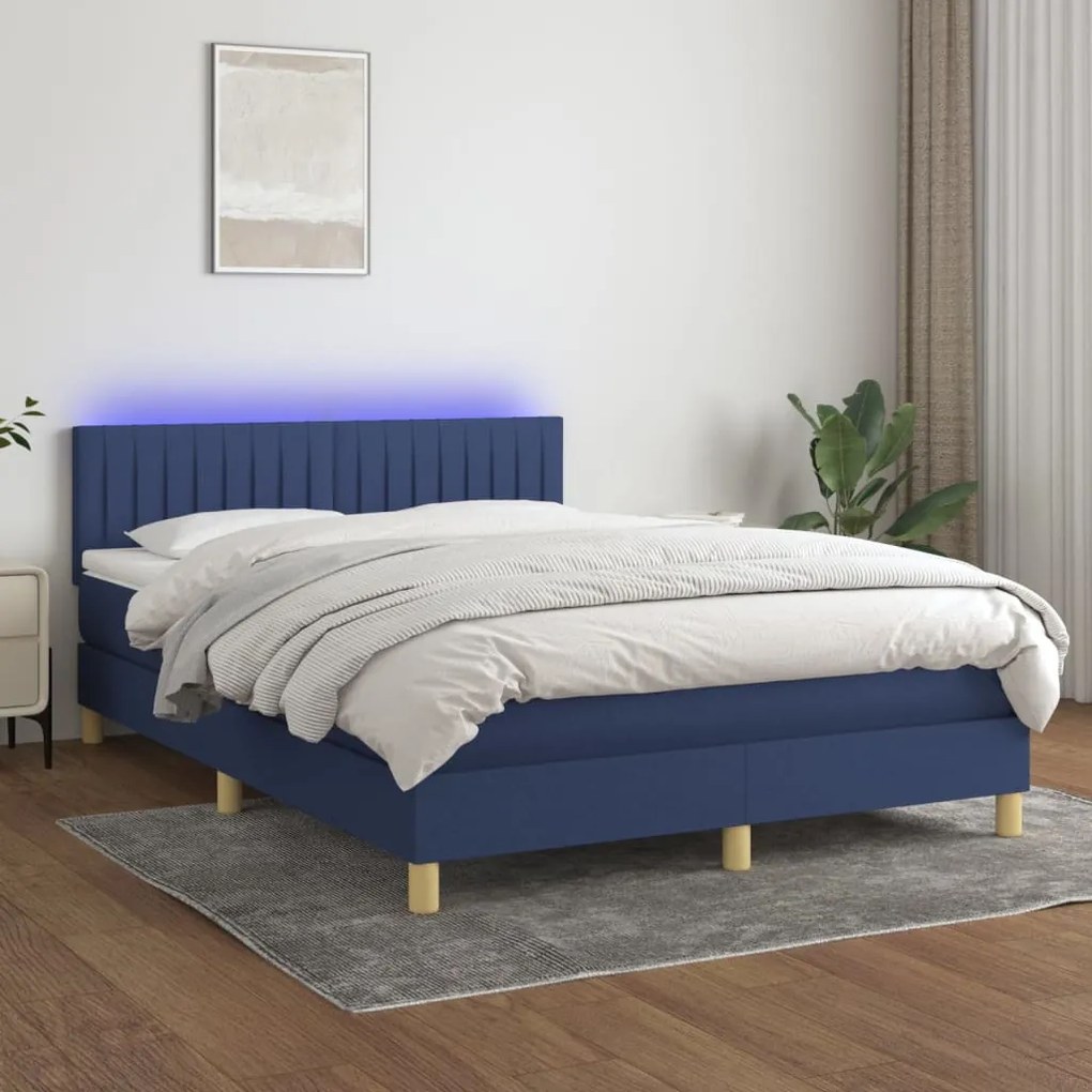 Κρεβάτι Boxspring με Στρώμα &amp; LED Μπλε 140x190 εκ. Υφασμάτινο - Μπλε