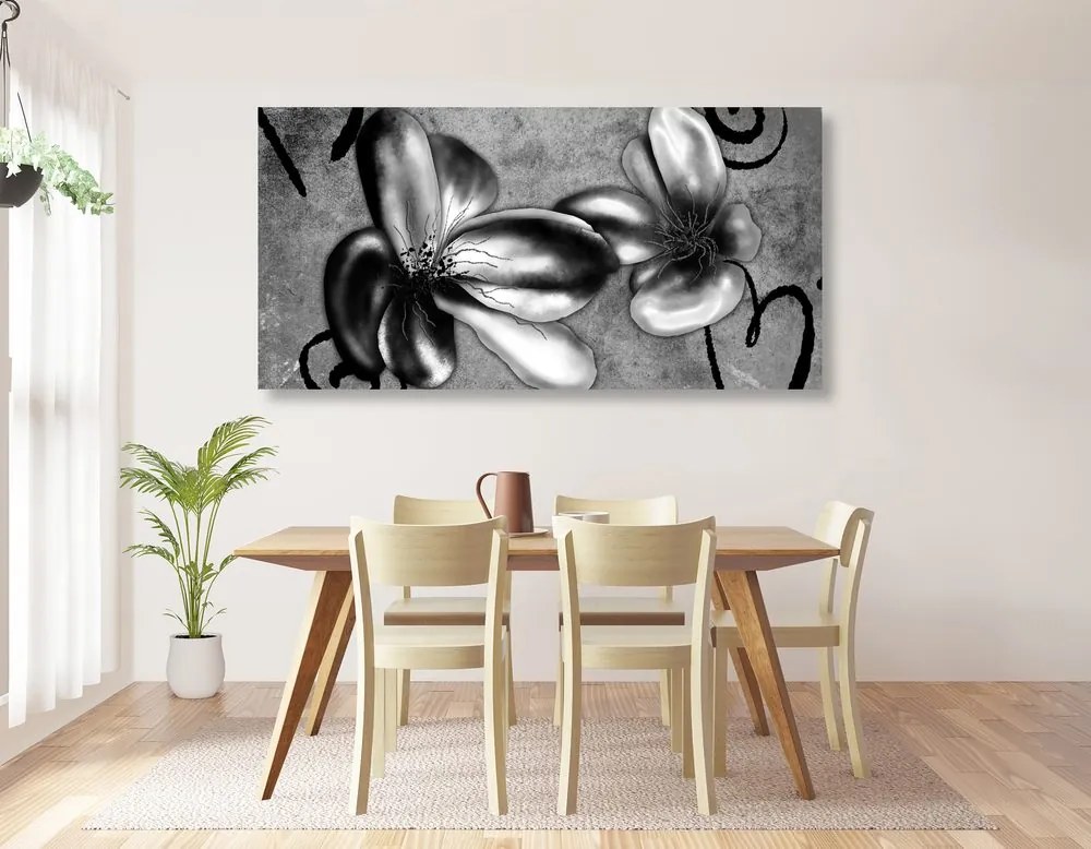 Εικόνα με ενδιαφέροντα vintage λουλούδια σε μαύρο & άσπρο - 100x50