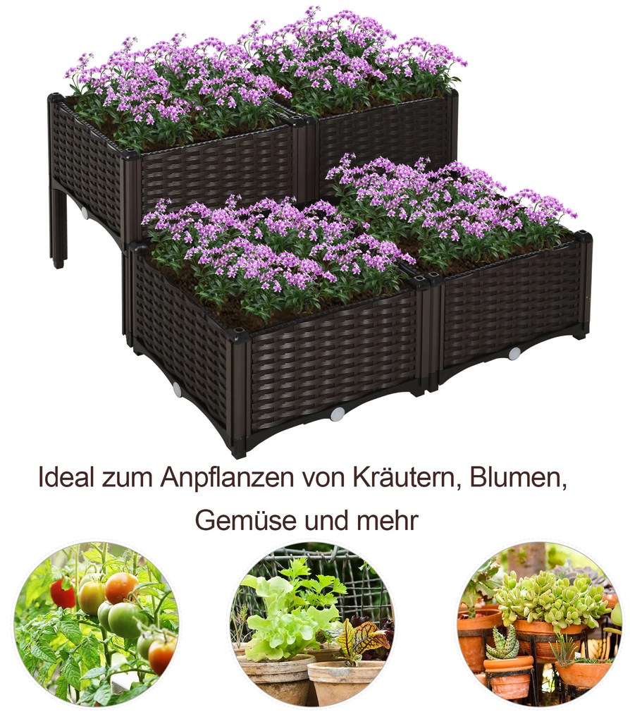 Outsunny Υπερυψωμένο παρτέρι, γλάστρα με τρύπες αποστράγγισης, γλάστρα σε εμφάνιση rattan, πλαστικό, καφέ, 40 x 40 x 44 cm